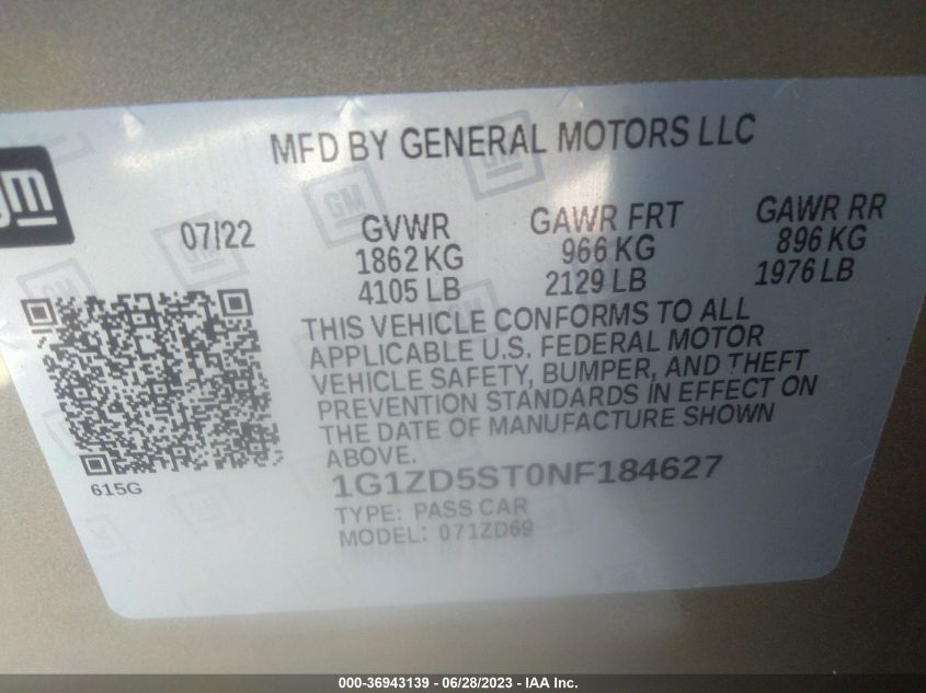 2022 CHEVROLET MALIBU LT - 1G1ZD5ST0NF184627