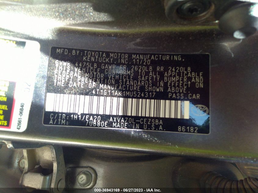 2021 TOYOTA CAMRY SE/SE NIGHT SHADE - 4T1G11AK1MU524317