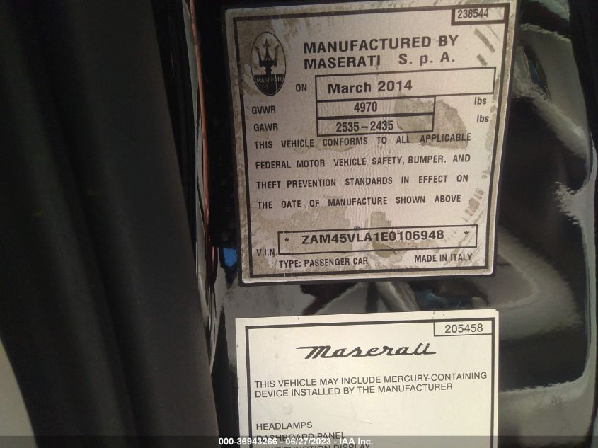 2014 MASERATI GRANTURISMO SPORT/MC ZAM45VLA1E0106948