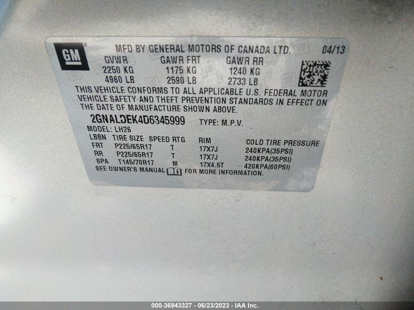 2013 CHEVROLET EQUINOX LT - 2GNALDEK4D6345999