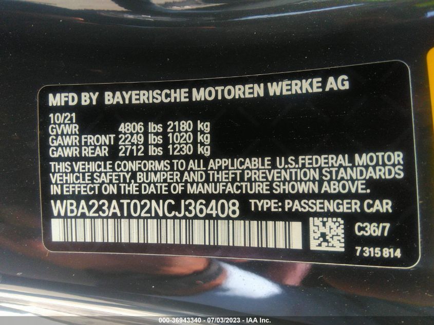 2022 BMW 4 SERIES 430I - WBA23AT02NCJ36408