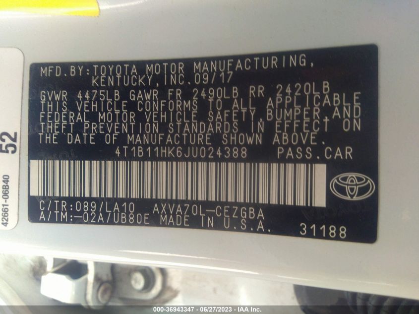 2018 TOYOTA CAMRY LE/SE/XLE/L - 4T1B11HK6JU024388