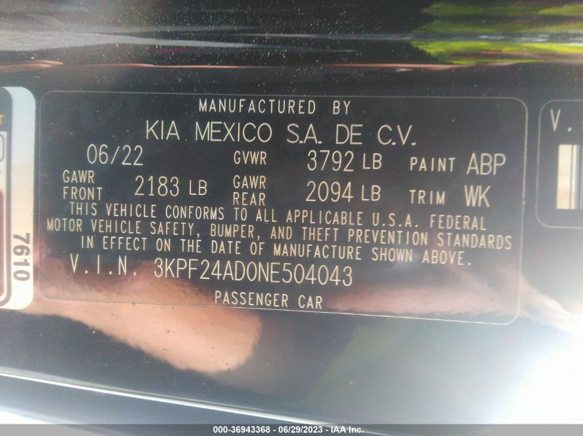 2022 KIA FORTE LXS - 3KPF24AD0NE504043