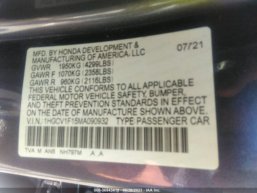 2021 HONDA ACCORD SEDAN LX - 1HGCV1F15MA090932
