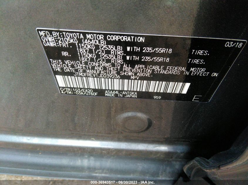 2018 TOYOTA RAV4 LIMITED/PLATINUM - JTMDFREV1JD239236