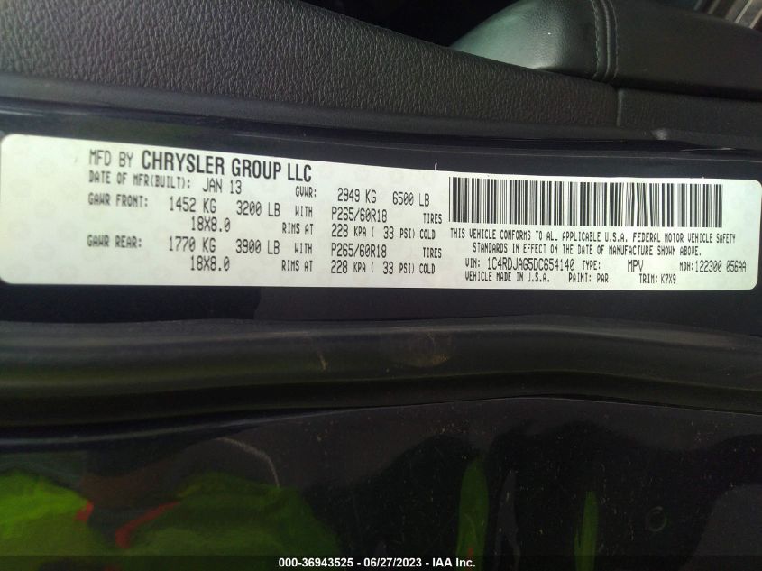 2013 DODGE DURANGO SXT - 1C4RDJAG5DC654140