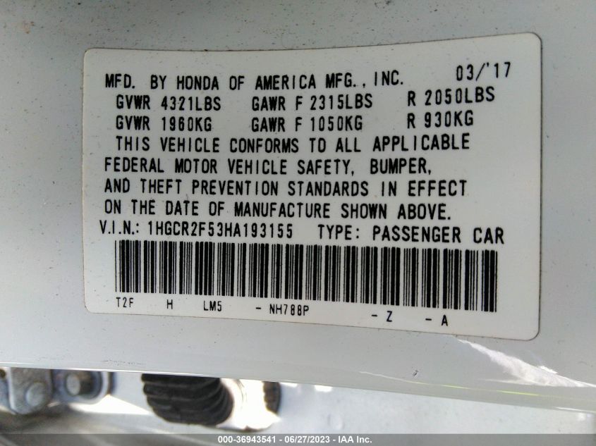 2017 HONDA ACCORD SEDAN SPORT - 1HGCR2F53HA193155