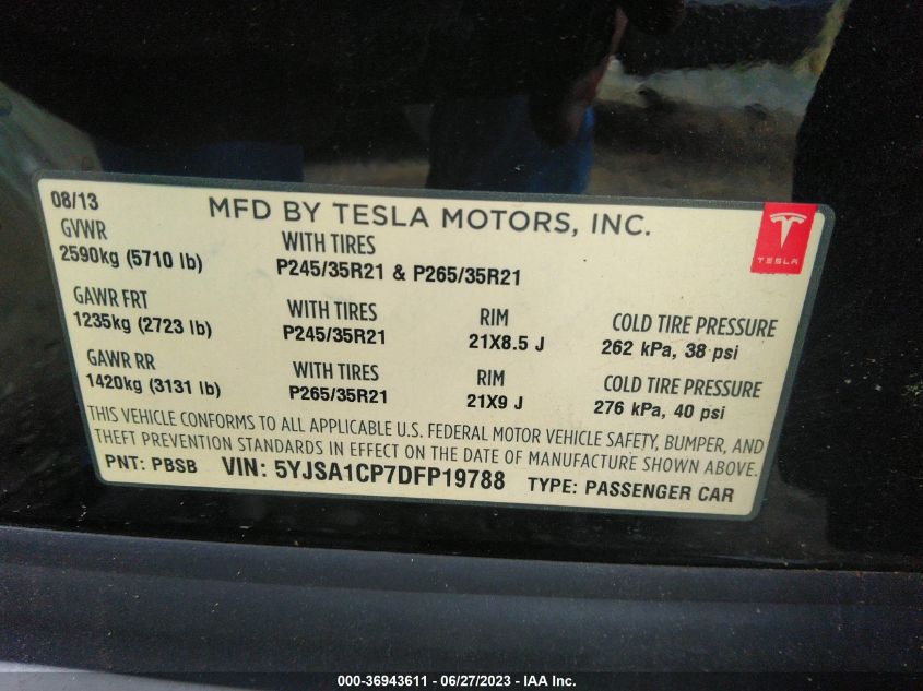 2013 TESLA MODEL S PERFORMANCE - 5YJSA1CP7DFP19788