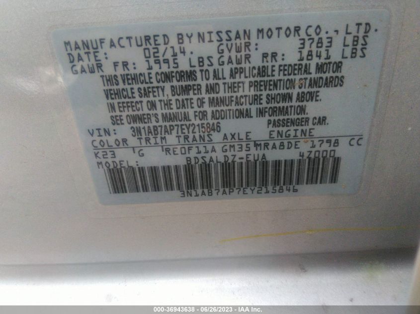 2014 NISSAN SENTRA S/FE+ S/SV/FE+ SV/SR/SL - 3N1AB7AP7EY215846