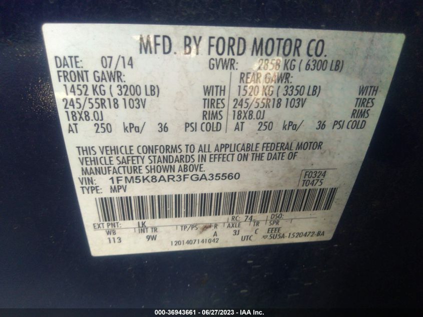 2015 FORD UTILITY POLICE 1FM5K8AR3FGA35560