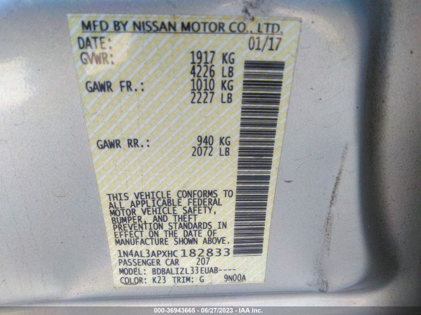 2017 NISSAN ALTIMA 2.5 SV - 1N4AL3APXHC182833