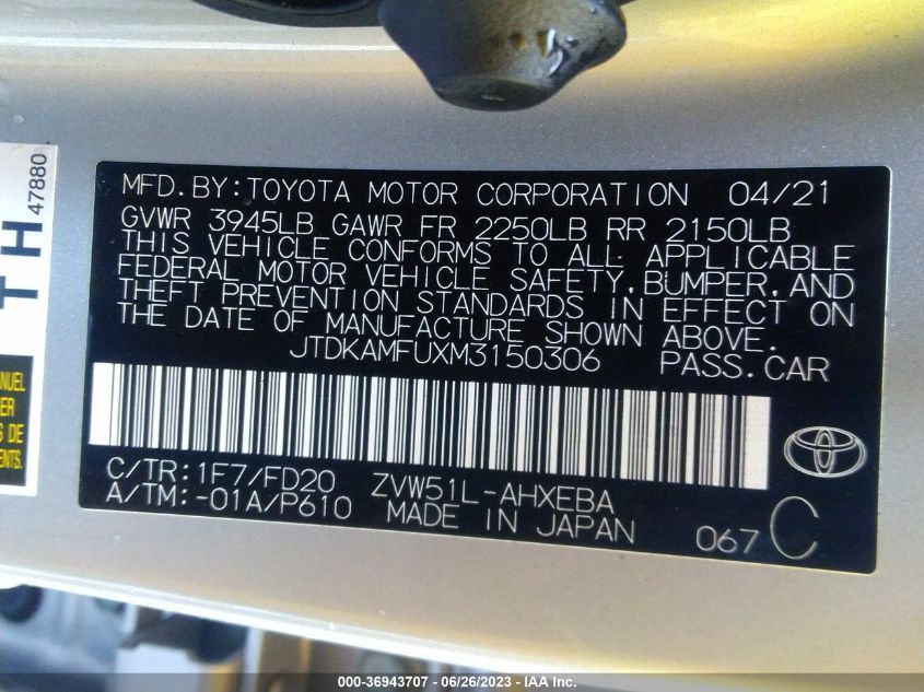 2021 TOYOTA PRIUS L - JTDKAMFUXM3150306