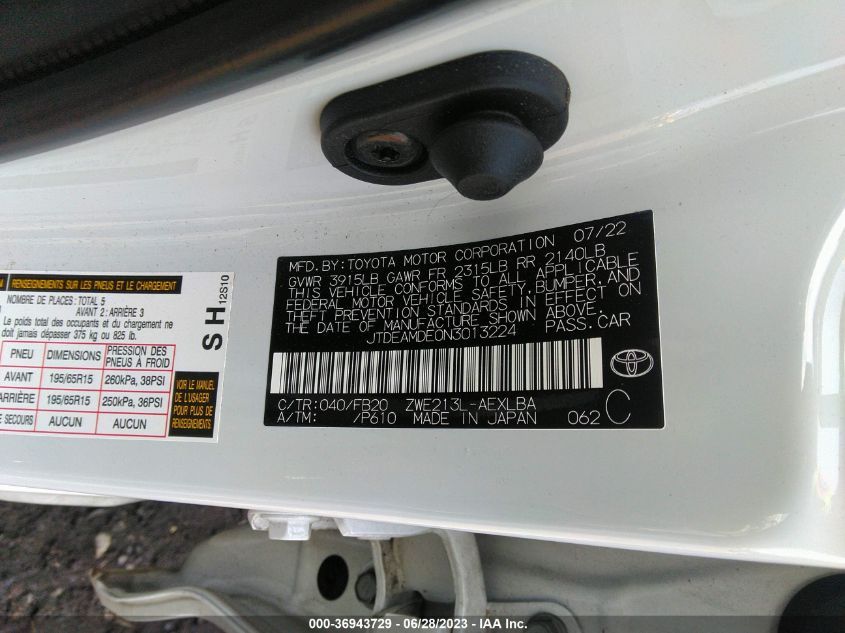 2022 TOYOTA COROLLA HYBRID LE - JTDEAMDE0N3013224