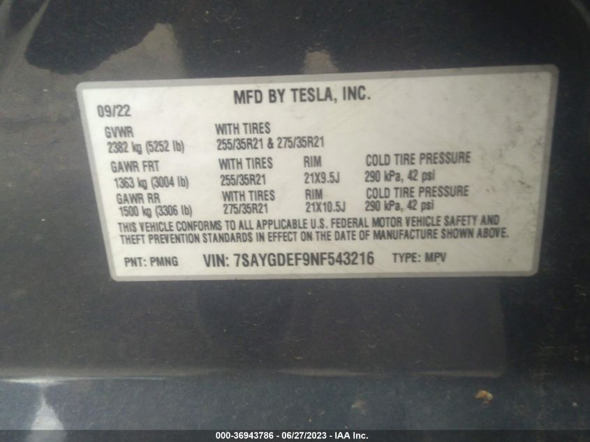 2022 TESLA MODEL Y - 7SAYGDEF9NF543216
