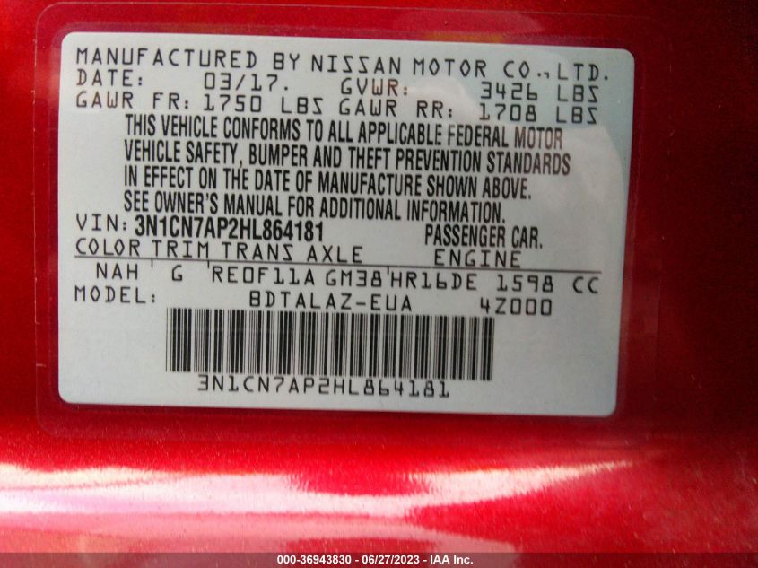 2017 NISSAN VERSA SEDAN S PLUS - 3N1CN7AP2HL864181