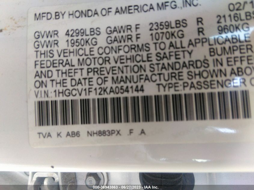 2019 HONDA ACCORD SEDAN LX 1.5T - 1HGCV1F12KA054144