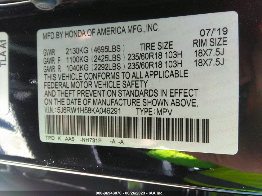 2019 HONDA CR-V EX - 5J6RW1H58KA046291