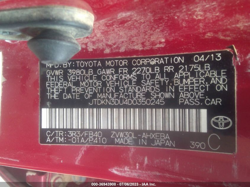 2013 TOYOTA PRIUS ONE/TWO/THREE/FOUR/FIVE - JTDKN3DU4D0350245