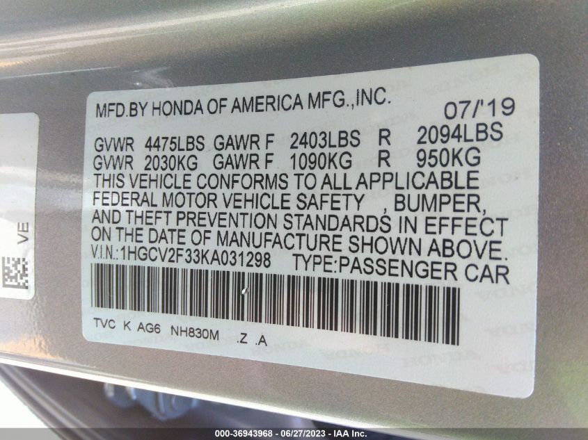 2019 HONDA ACCORD SEDAN SPORT 2.0T - 1HGCV2F33KA031298