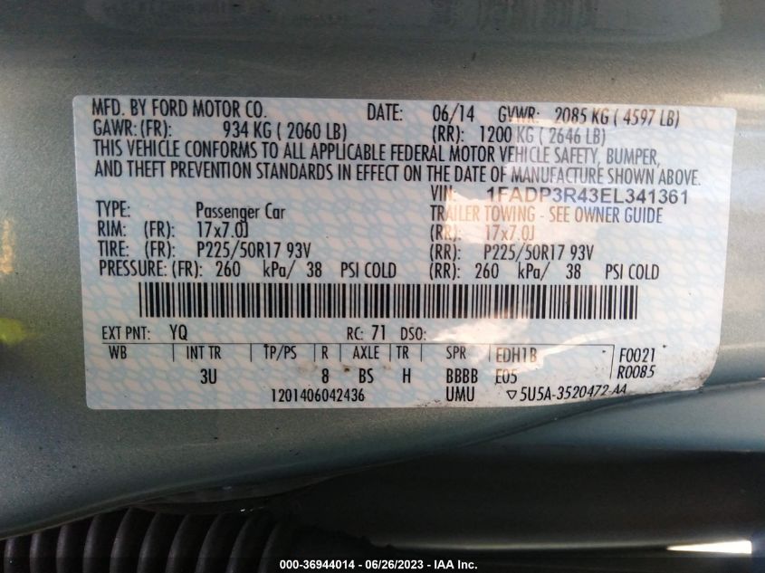 2014 FORD FOCUS ELECTRIC - 1FADP3R43EL341361