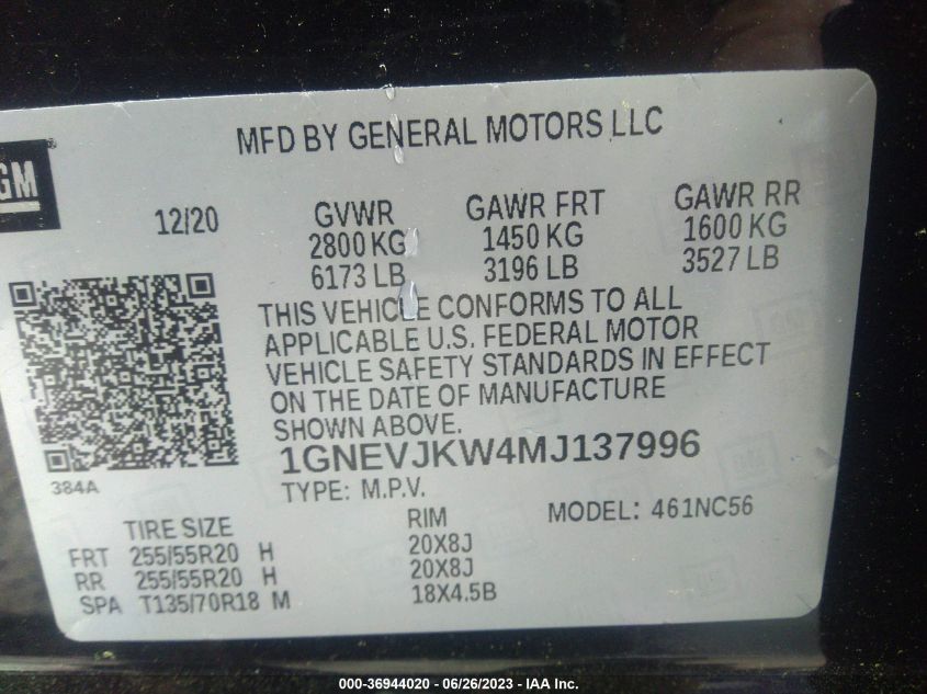 2021 CHEVROLET TRAVERSE RS - 1GNEVJKW4MJ137996