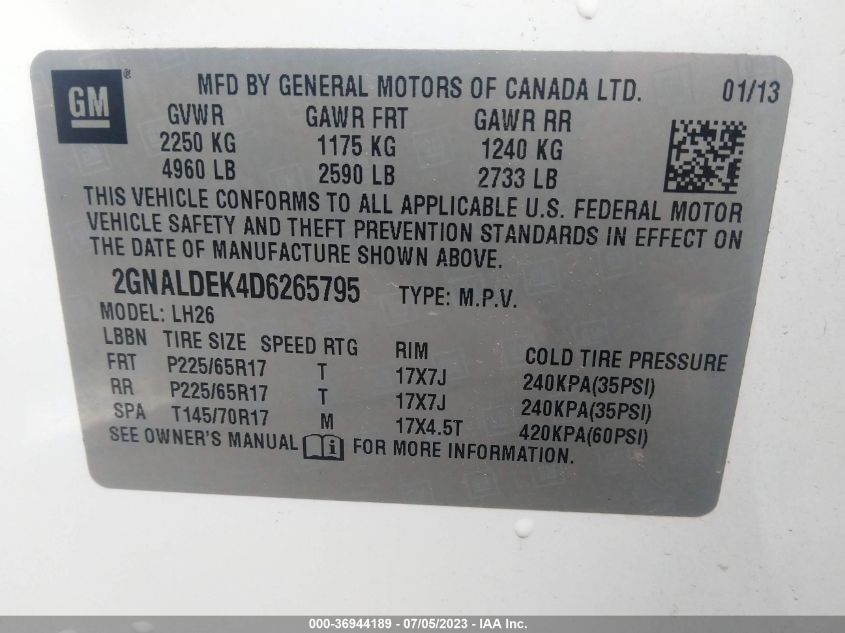 2013 CHEVROLET EQUINOX LT - 2GNALDEK4D6265795