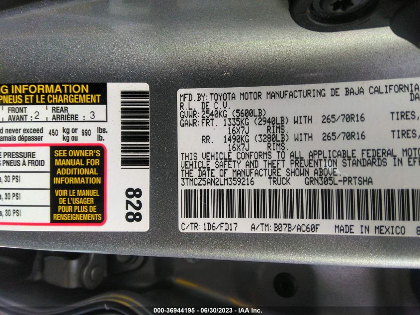 2020 TOYOTA TACOMA 4WD SR5/TRD SPORT - 3TMCZ5AN2LM359216