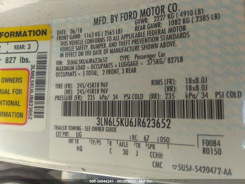 2018 LINCOLN MKZ HYBRID PREMIERE - 3LN6L5KU6JR623652