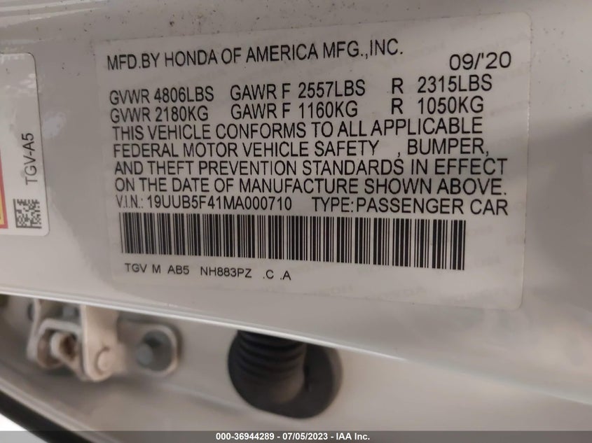 VIN 19UUB5F41MA000710 2021 ACURA TLX W/TECHNOLOGY PACKAGE