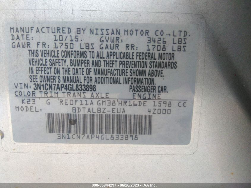 2016 NISSAN VERSA S/S PLUS/SL/SV - 3N1CN7AP4GL833898