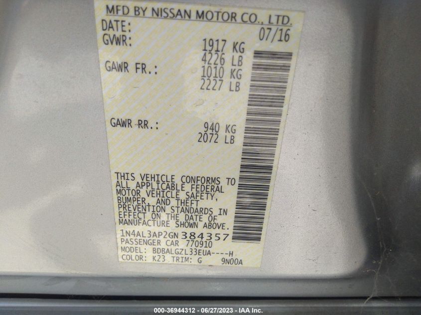 2016 NISSAN ALTIMA 2.5/S/SV/SL/SR - 1N4AL3AP2GN384357