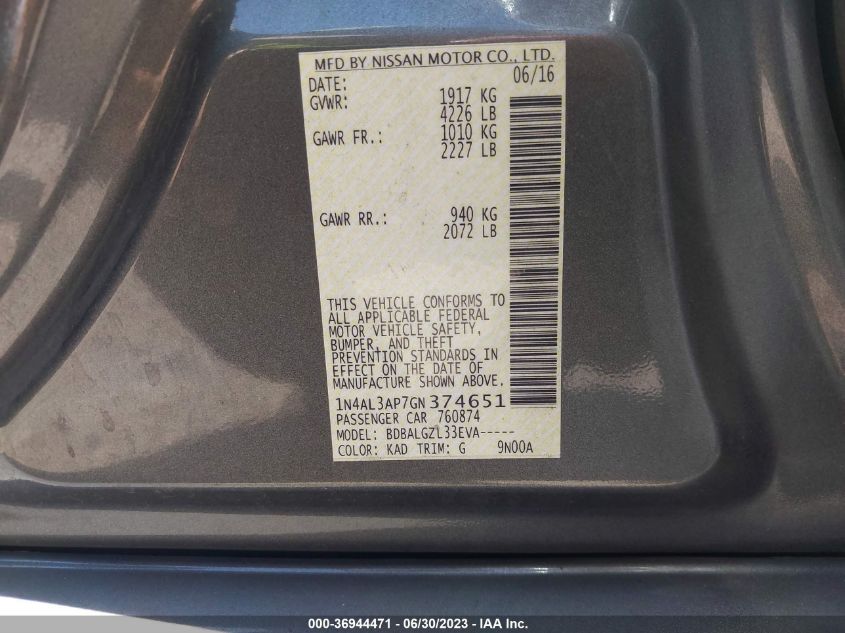 2016 NISSAN ALTIMA 2.5/S/SV/SL/SR - 1N4AL3AP7GN374651