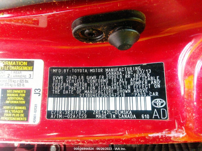 2013 TOYOTA COROLLA L/LE/S - 2T1BU4EE2DC047518