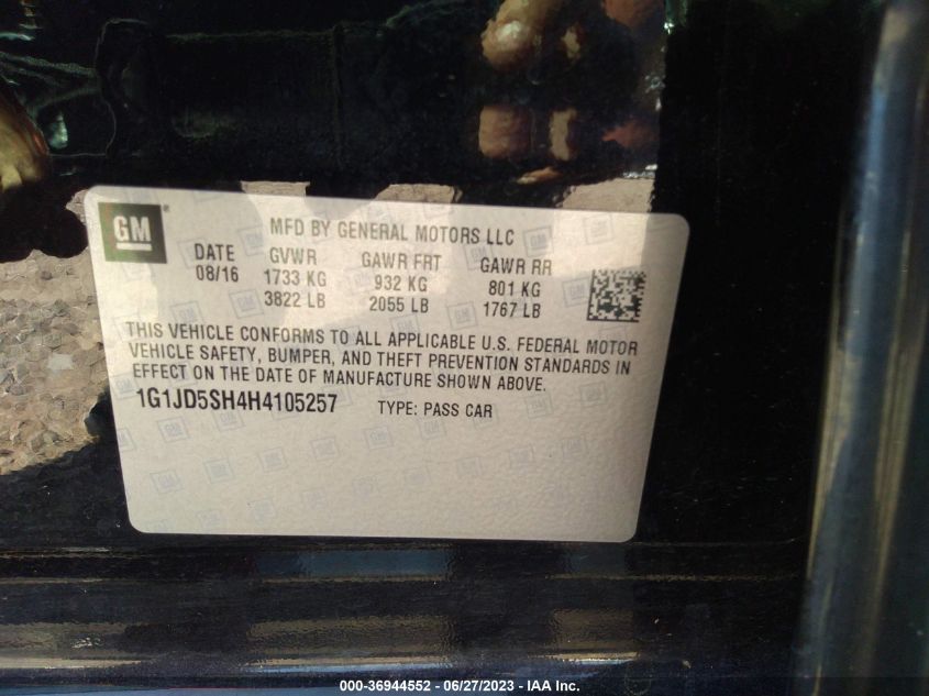 2017 CHEVROLET SONIC LT - 1G1JD5SH4H4105257
