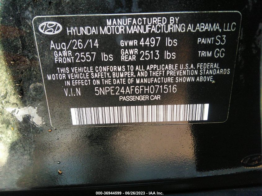 2015 HYUNDAI SONATA 2.4L SE - 5NPE24AF6FH071516