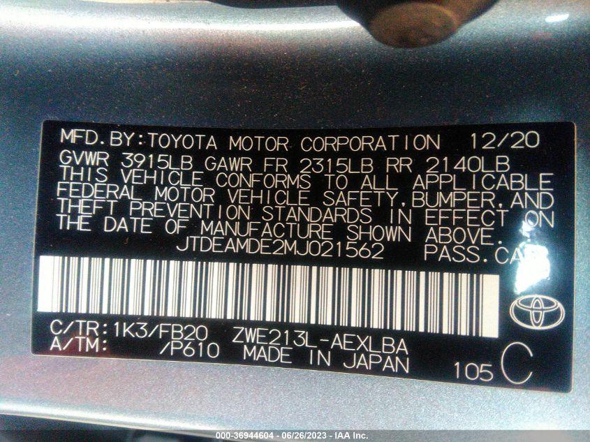 2021 TOYOTA COROLLA LE - JTDEAMDE2MJ021562
