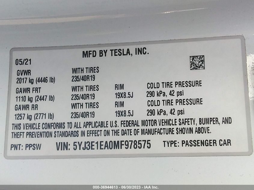 2021 TESLA MODEL 3 STANDARD RANGE PLUS - 5YJ3E1EA0MF978575