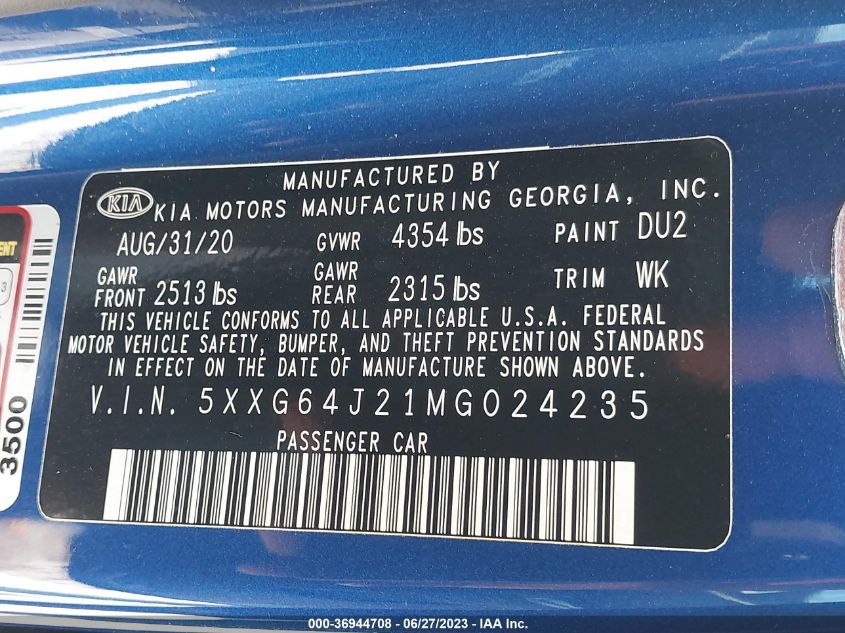 2021 KIA K5 GT LINE - 5XXG64J21MG024235