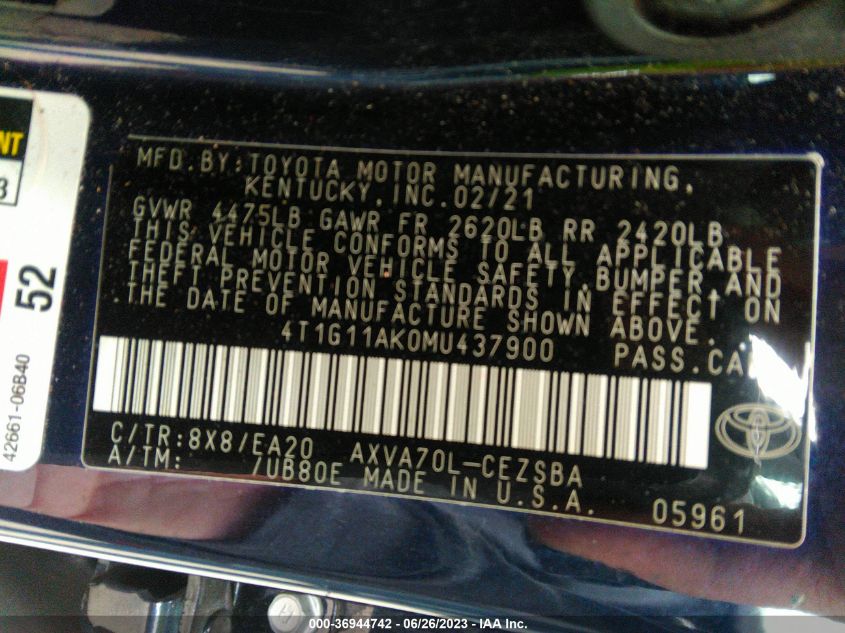 2021 TOYOTA CAMRY SE - 4T1G11AK0MU437900