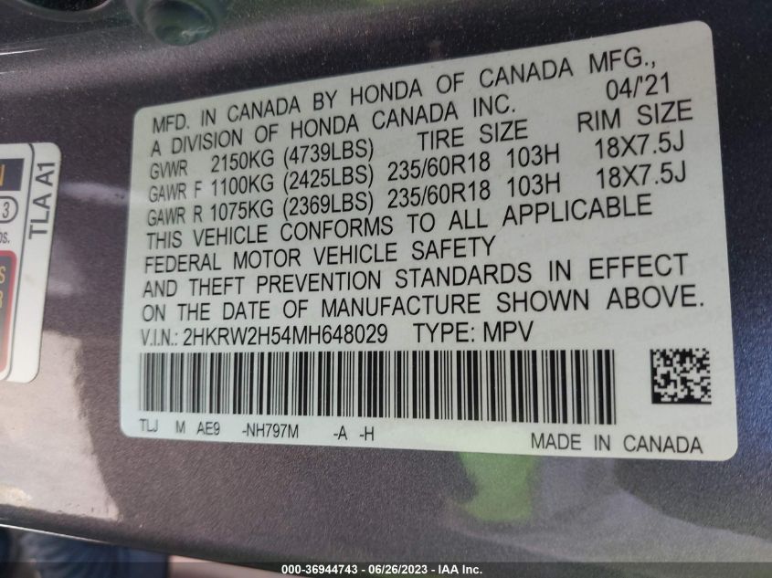 2021 HONDA CR-V EX - 2HKRW2H54MH648029