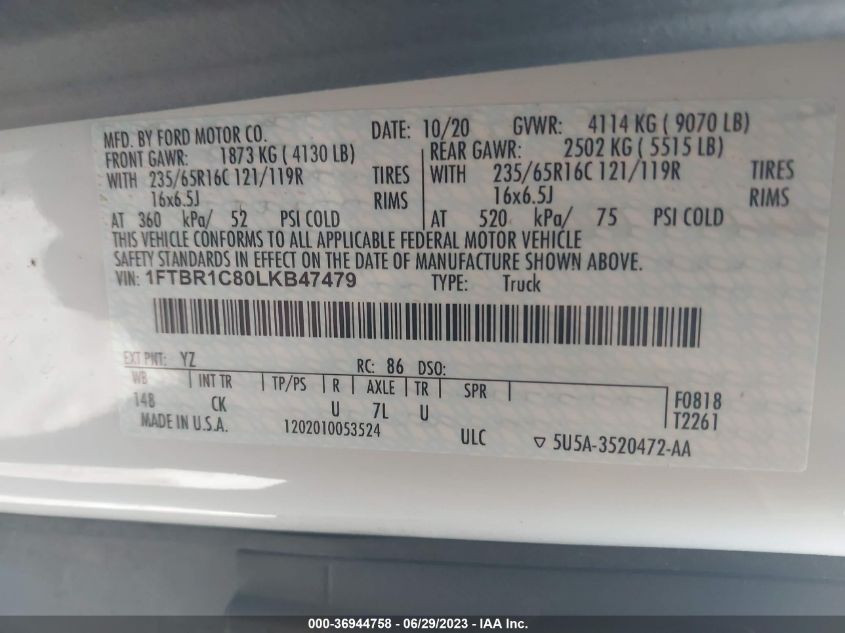 2020 FORD TRANSIT CARGO VAN - 1FTBR1C80LKB47479