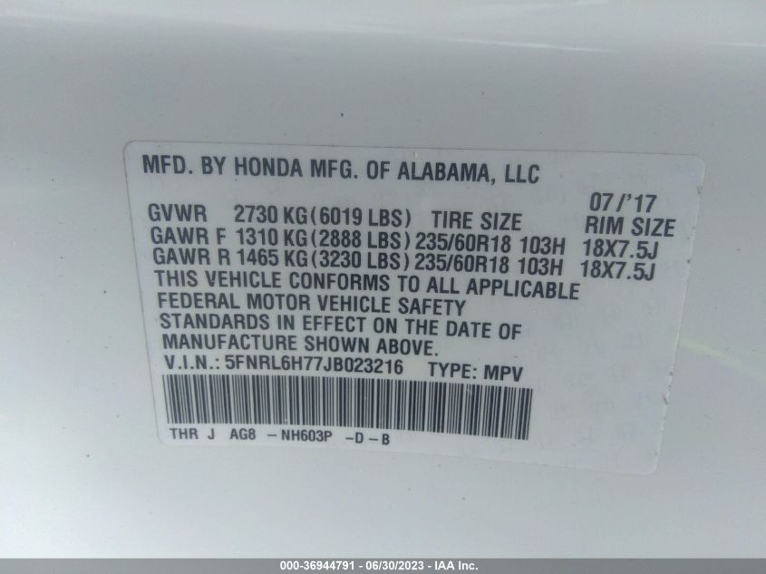 2018 HONDA ODYSSEY EX-L - 5FNRL6H77JB023216