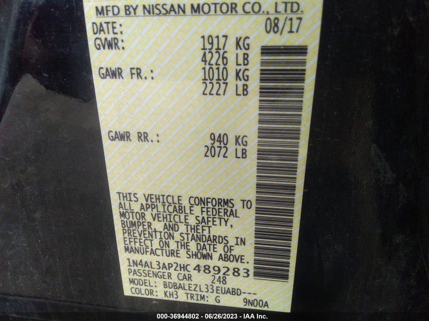 VIN 1N4AL3AP2HC489283 2017 NISSAN ALTIMA 2.5 S