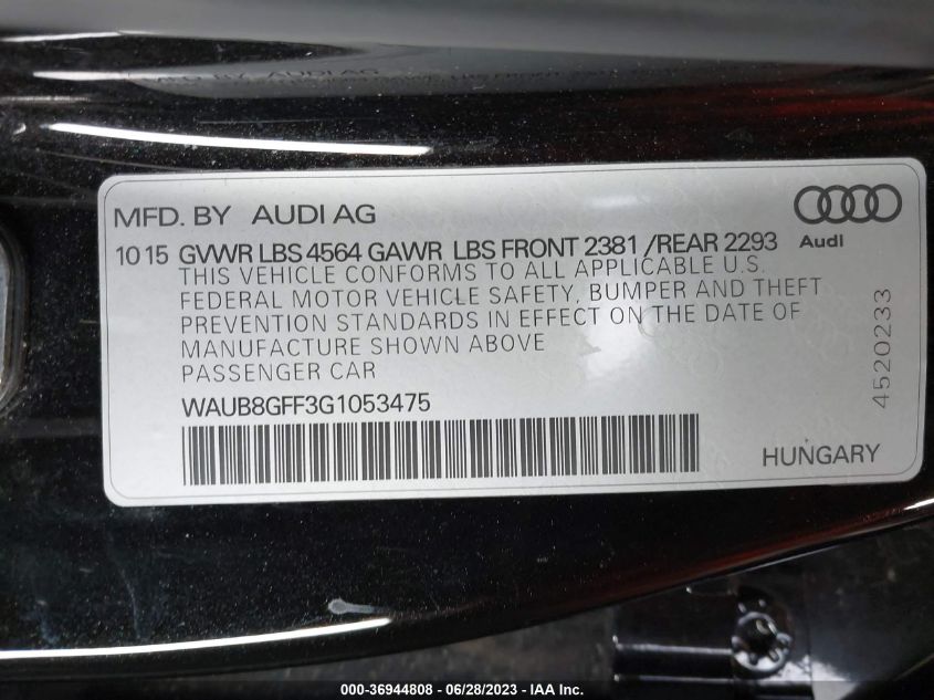 2016 AUDI A3 2.0T PREMIUM - WAUB8GFF3G1053475