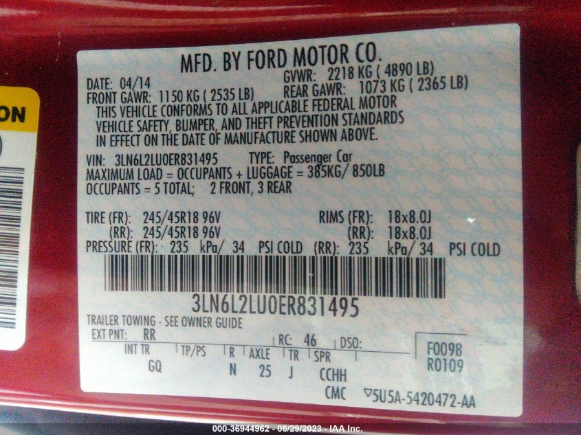 2014 LINCOLN MKZ HYBRID - 3LN6L2LU0ER831495