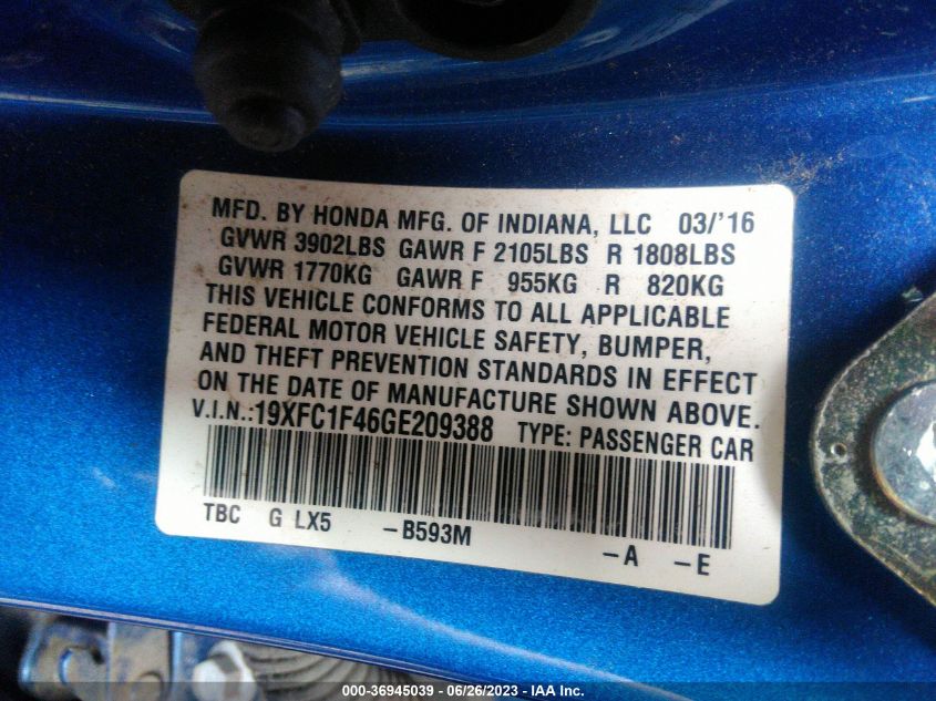 2016 HONDA CIVIC SEDAN EX-T - 19XFC1F46GE209388