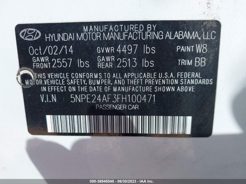 2015 HYUNDAI SONATA 2.4L SE - 5NPE24AF3FH100471