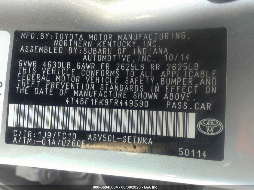 2015 TOYOTA CAMRY XLE/SE/LE/XSE - 4T4BF1FK9FR449590