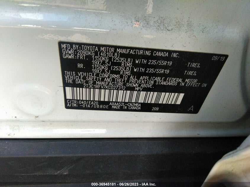VIN 2T3C1RFV7KC027312 2019 TOYOTA RAV4 XLE PREMIUM