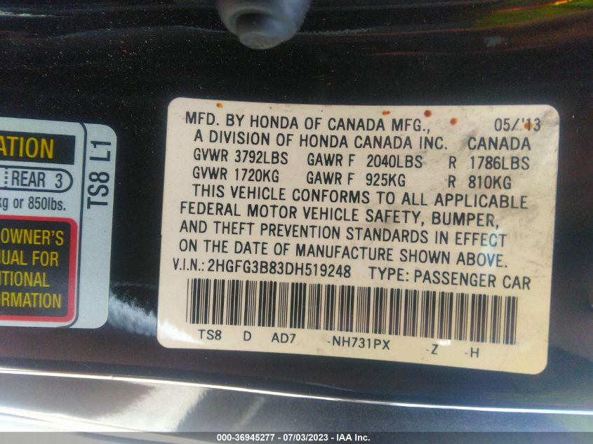 2013 HONDA CIVIC CPE EX 2HGFG3B83DH519248